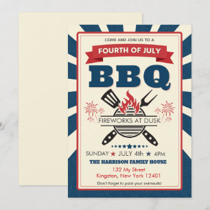 Red White Blue July 4. Party GRILLEN Celebration Einladung