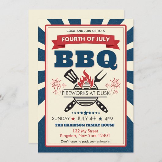 Red White Blue July 4. Party GRILLEN Celebration Einladung (Vorne/Hinten)