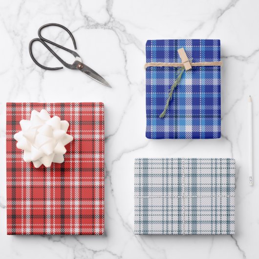 Red White Blue Kariert Wrapping Paper Set 3 Geschenkpapier Set (Vorderseite)