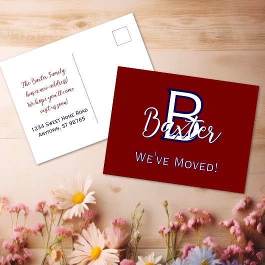 Red White & Blue Name und Monogramm "We ve Moved" Postkarte
