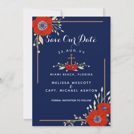 Red White & Blue Nautical Anemone Anchor Wedding Save The Date (Vorderseite)