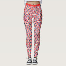 Red White Blue Nested Squares Patches Fitness Leggings