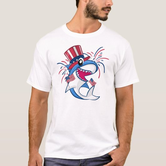 Red White Blue Patriotic Shark 4. Juli T-Shirt (Vorderseite)