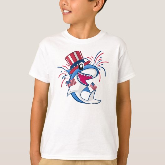 Red White Blue Patriotic Shark 4. Juli T-Shirt (Vorderseite)