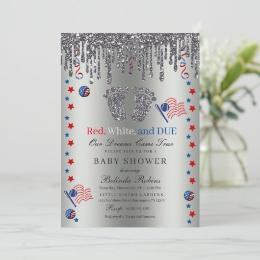 Red White Blue Patriotic Silver Glitzer Baby Feet Einladung (Stehend Vorderseite)