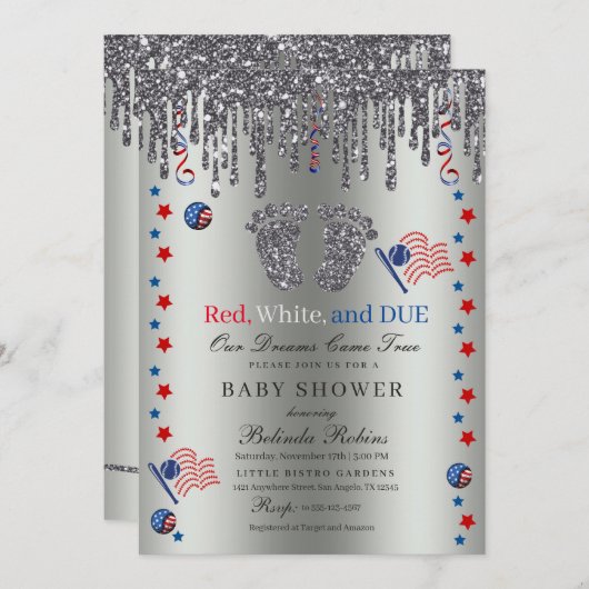 Red White Blue Patriotic Silver Glitzer Baby Feet Einladung (Vorne/Hinten)