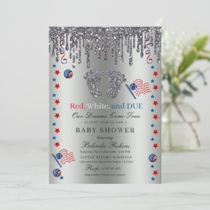 Red White Blue Patriotic Silver Glitzer Baby Feet Einladung