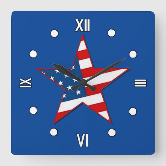 Red White & Blue Patriotic Star Wall Clock Quadratische Wanduhr (Vorderseite)