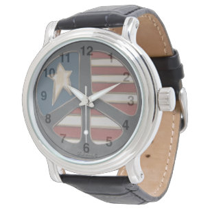 Red White Blue Peace - Men Black Leather Watch Armbanduhr