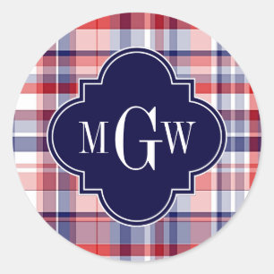 Red White Blue Preppy Monogram Runder Aufkleber