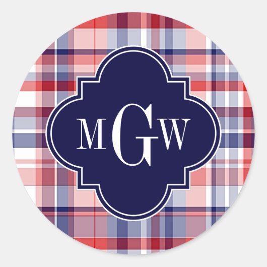 Red White Blue Preppy Monogram Runder Aufkleber (Vorderseite)