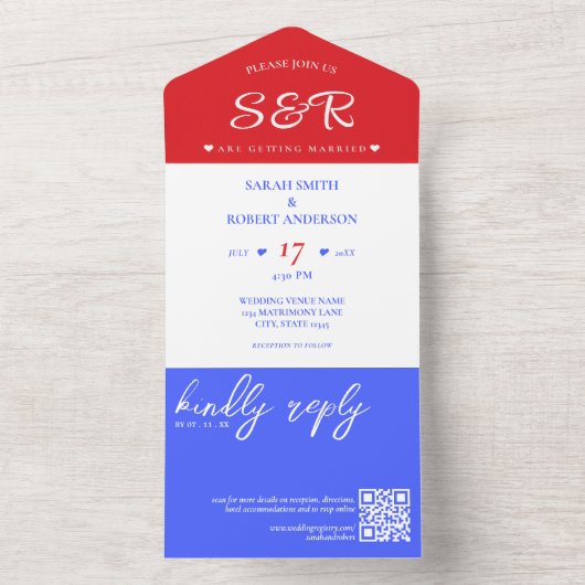 Red White & Blue QR Code Hochzeit All In One Einladung (Innen Boden)