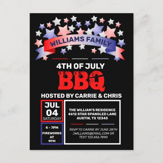 Red White & Blue Ribbon & Stars 4. Juli GRILLEN Postkarte (Vorderseite)