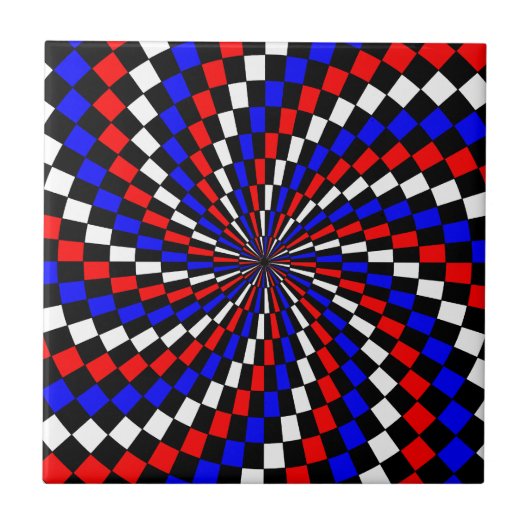 Red White Blue Schachbrett Spiral von Kenneth Yonc Fliese (Vorderseite)