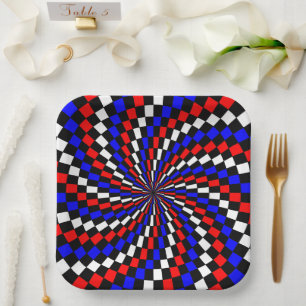 Red White Blue Schachbrett Spiral von Kenneth Yonc Pappteller