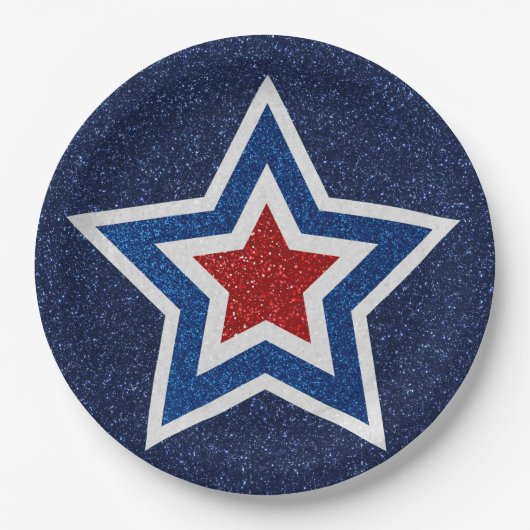 Red, White & Blue Star 4. Juli Glitzer Pappteller (Vorderseite)