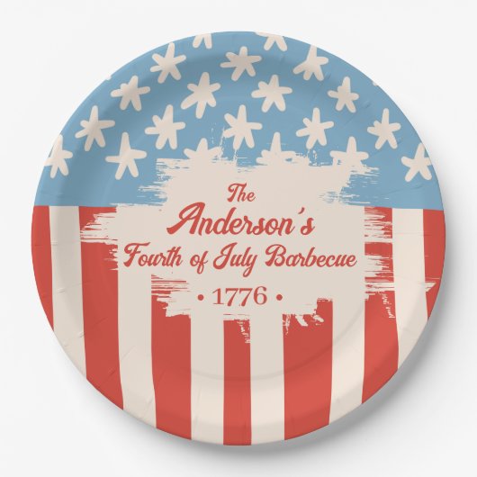 Red White&Blue Star & Stripe Familienname Barbecue Pappteller (Vorderseite)