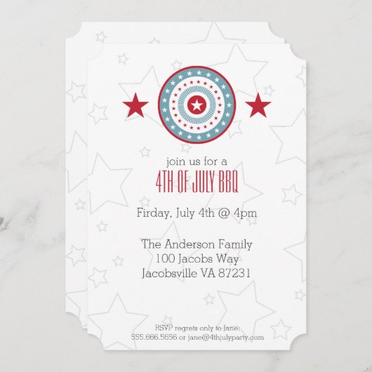 Red White & Blue Stars Patriotic 4. Juli Einladung (Vorne/Hinten)