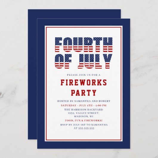 Red White Blue Stars Streifen 4. Juli Party Einladung (Vorne/Hinten)