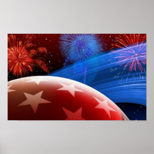 Red White Blue Stars und Fireworks Canvas Print Poster