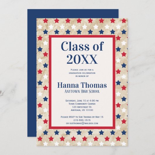Red White Blue Stars US Military Abschluss Invit Einladung (Vorne/Hinten)
