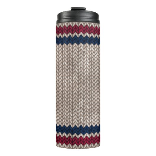 Red White Blue Strick Look Stripe Muster Thermosbecher (Vorderseite)