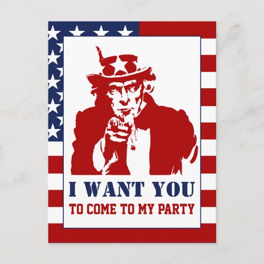 Red White Blue Uncle Sam 4. Juli Party Einladungspostkarte (Vorderseite)