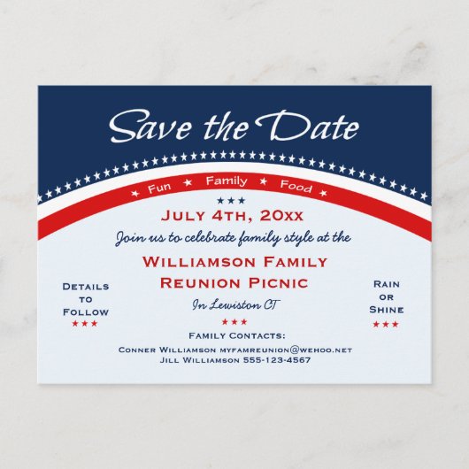 Red White Blue Wiedersehen, Party, Save the Date Ankündigungspostkarte (Vorderseite)