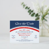 Red White Blue Wiedersehen, Party, Save the Date Ankündigungspostkarte (Stehend Vorderseite)