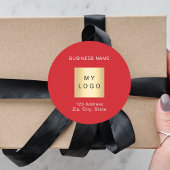 Red white business logo name address runder aufkleber