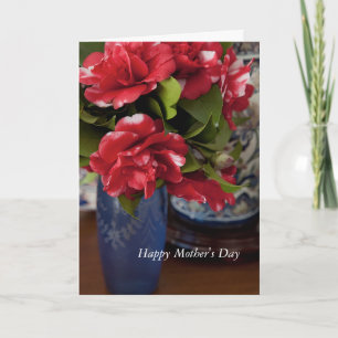 Red & White Camelias Blue Vase Muttertagskarte Karte