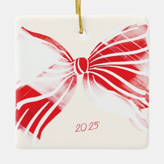 Red White Candy Cane Big Christmas Bow Foto Keramikornament (Vorderseite)