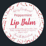 Red White Candy Cane Christmas Lip Balm Labels Runder Aufkleber<br><div class="desc">Peppermint duftende Lippenbalsam wird den Weihnachtsgeist wochenlang einbringen,  wenn man Lippenbalsam für Freunde und Familie schafft. Um es lustig und festlich zu machen,  fügen Sie einfach diese tanzenden Bonbonetiketten in Ihre Röhren und Töpfe Ihrer handgemachten Lippenbalsam ein.</div>