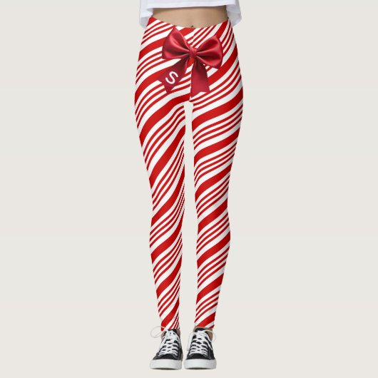 Red White Candy Cane Diagonal Stripes Bow Leggings (Vorderseite)