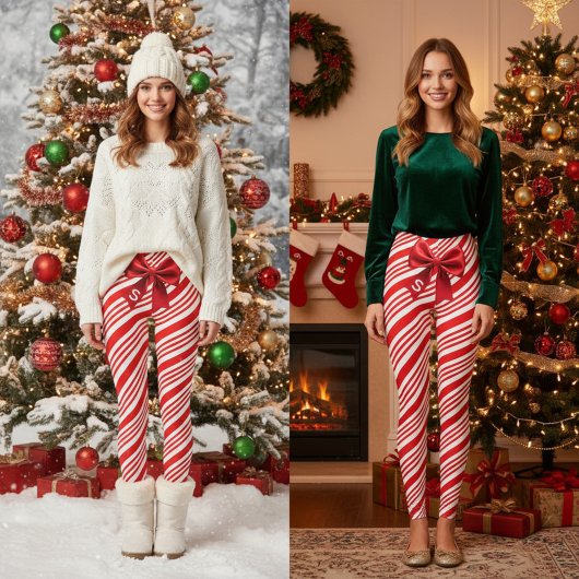 Red White Candy Cane Diagonal Stripes Bow Leggings