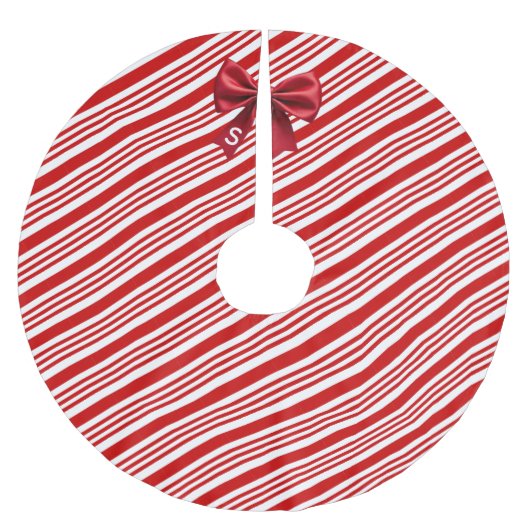 Red White Candy Cane Diagonal Stripes Bow Polyester Weihnachtsbaumdecke (Vorderseite)