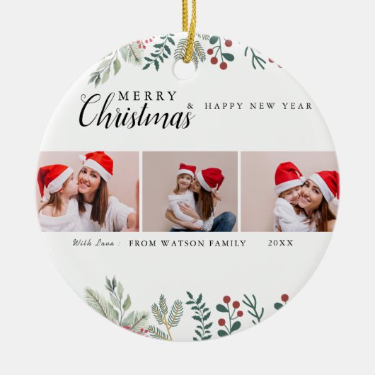 Red & White Candy Cane Holiday Foto Collage Keramik Ornament (Vorne)
