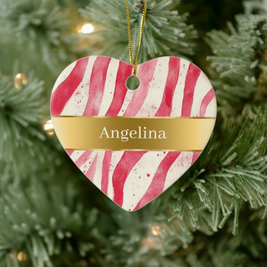 Red White Candy Cane Stripes Gold Ribbon Christmas Keramik Ornament (Baum)