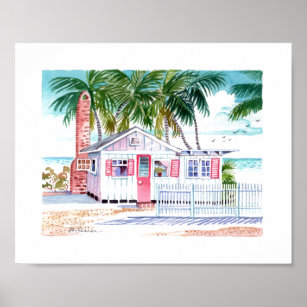 Red White Charming Beach Hütte Watercolor Poster