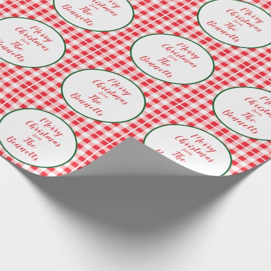 Red White Check MERRY CHRISTMAS Name Geschenkpapier (Ecke)