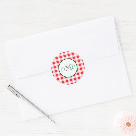 Red White Check MONOGRAM Runder Aufkleber (Umschlag)