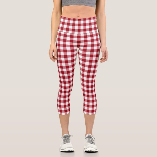 Red White Checkered Gingham Kariertes Muster Capri Leggings (Vorderseite)