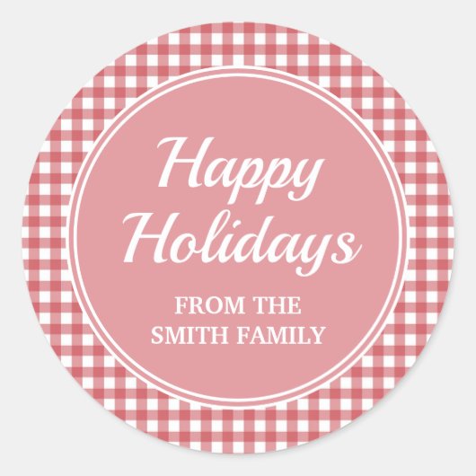Red White Checkered Gingham Pink Happy Holidays Runder Aufkleber (Vorderseite)