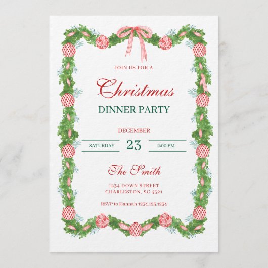 Red & White Chinoiserie Garland Grandmillennial Einladung (Vorderseite)