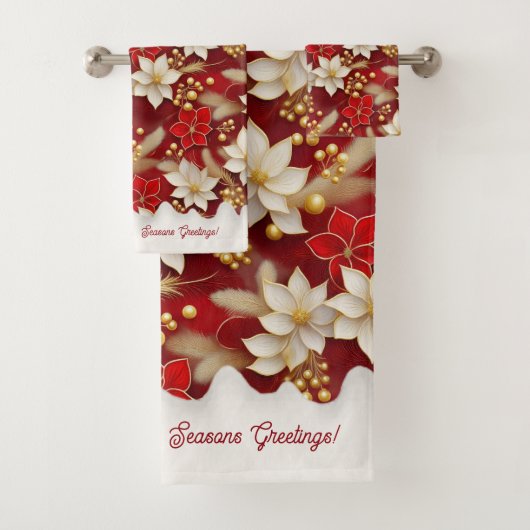 Red White Christmas Floral Pattern#17 ID1009 Badhandtuch Set (Insitu)