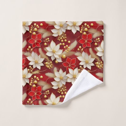 Red White Christmas Floral Pattern#17 ID1009 Badhandtuch Set (Waschlappen)