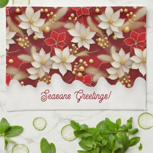 Red White Christmas Floral Pattern#17 ID1009 Geschirrtuch (Gefaltet)