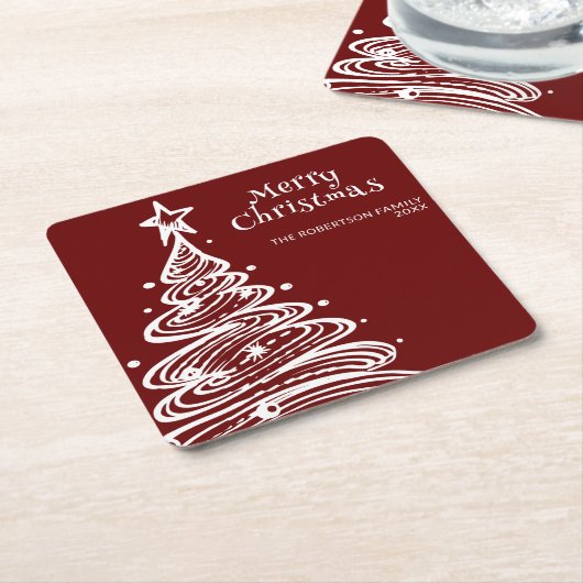 Red White Christmas Tree Party Rechteckiger Pappuntersetzer (angewinkelt)