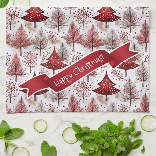 Red White Christmas Tree Pattern#4 ID1009 Geschirrtuch (Gefaltet)