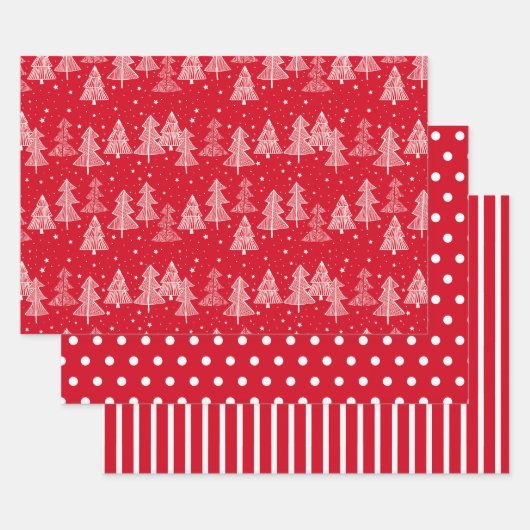 Red White Christmas Trees Polka Dots Strip Geschenkpapier Set (Set)